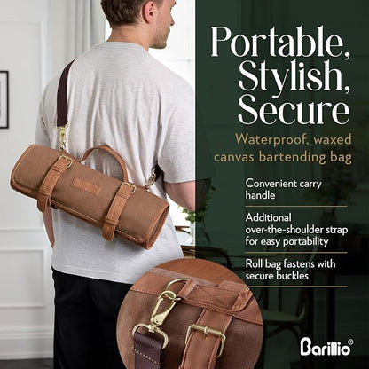 Barillio Bartender Kit Bag with Black Cocktail Shaker Set - Waxed Canvas, Traveling Bar Tools Bag with 17-Pc Cocktail Kit - Travel Mixology Bartending Kits - Mobile Bar Roll with Strap & Accessories