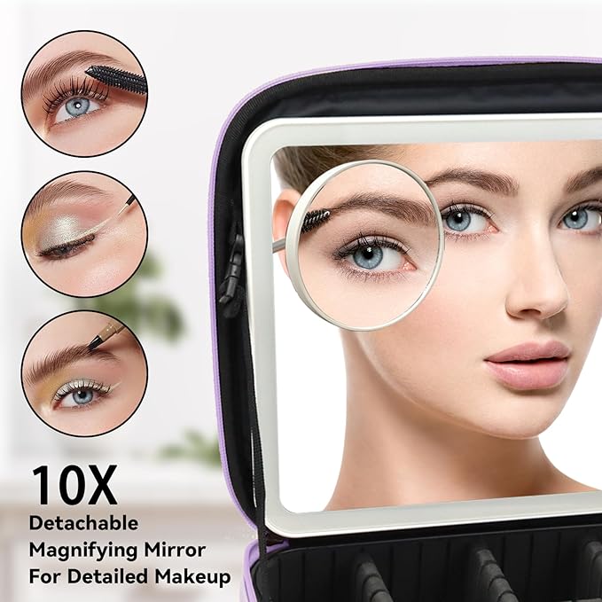 Travel Makeup Bag with LED Mirror and 10x magnifying glass with 3 Lighted Settings, Adjustable Dividers and Makeup Brush Storage Bag Purple