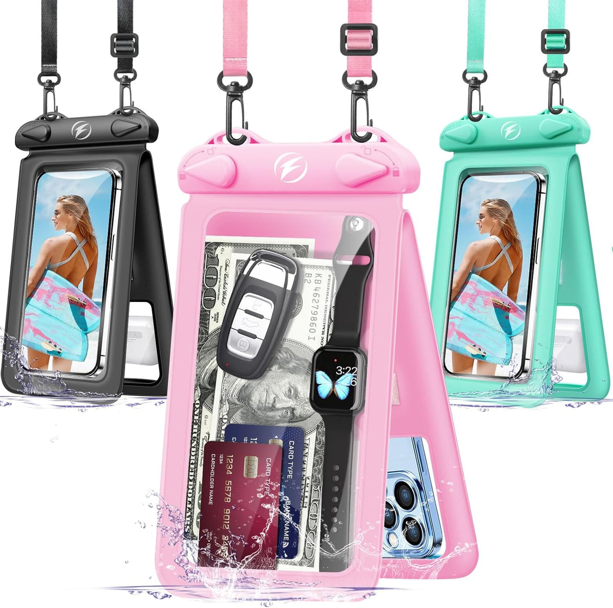 Waterproof Phone Pouch [3-Pack] Double Space Waterproof Phone Case with Adjustable Lanyard Water proof Cell Phone Pouch for iPhone IPX8 Underwater Phone Cases Phone Dry Bag for Vacation Beach Swimming