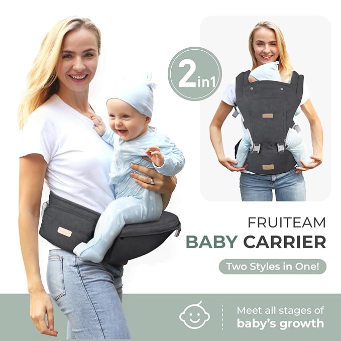 FRUITEAM Baby Carrier Newborn to Toddler, 6-in-1 Ergonomic & Adjustable Baby Carrier with Lumbar Support for All Seasons, Hands-Free, Adapt to Newborn, Infant & Toddler (Grey)