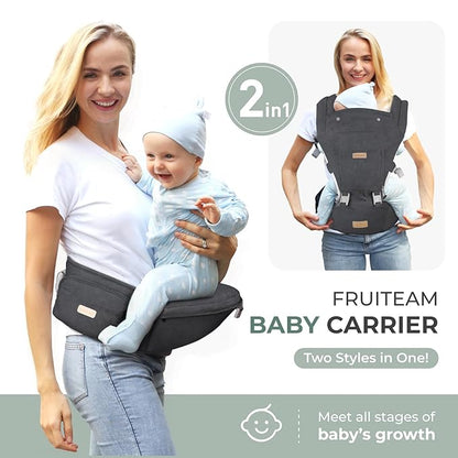 FRUITEAM Baby Carrier Newborn to Toddler, 6-in-1 Ergonomic & Adjustable Baby Carrier with Lumbar Support for All Seasons, Hands-Free, Adapt to Newborn, Infant & Toddler (Grey)