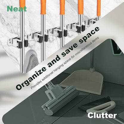 5Pcs 5 Racks 4 Hooks Stainless Steel Broom Mop Holder Anti Slip Wall Mount Broom Storage Rack Strong Load Bearing Waterproof Mop Broom Organizer for Bathroom Kitchen Garage