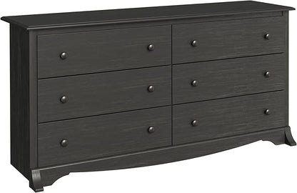 Prepac Sonoma 6-Drawer Double Dresser for Bedroom, Wide Chest of Drawers, Traditional Bedroom Furniture, 59" wide x 17.5" deep x 29" tall, Washed Black