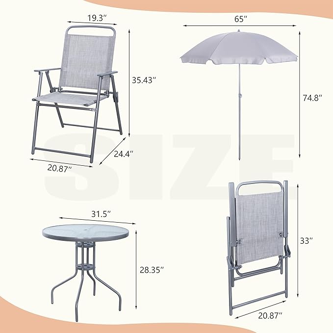 Vongrasig 6 Pieces Folding Patio Dining Set, All Weather Small Metal Outdoor