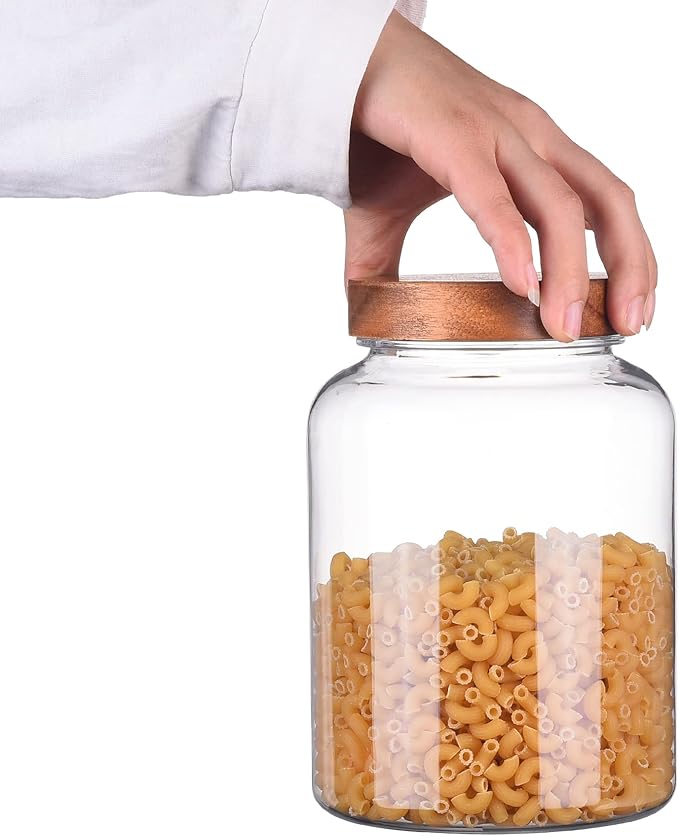 64 Fluid Ounces Unbreakable & Dishwasher Safe Plastic Apothecary Jar with Wooden Airtight Screw Top Lid, 0.5 Gallon Food Storage Canister for Sugar, Coffee, Cookie, Cereal, Flour Containers