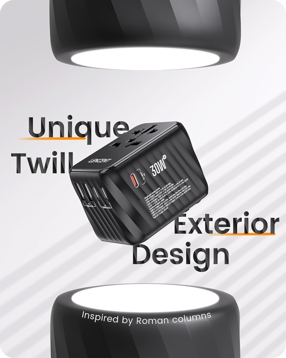 LENCENT Universal Travel Power Adapter, 30W International Wall Charger with 3 USB C 2 USB A Fast Charging, Worldwide Plug Adaptor Travel Essentials for US to EU UK Ireland Australia Type C/G/A/I Black