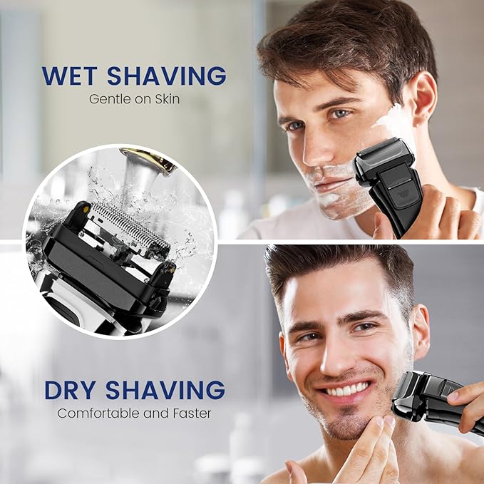 PRITECH Foil Shaver for Men, Electric Razor with Tight Foil Technology, Skin-Friendly Design, Easy Blade Replacement, Cordless Rechargeable with Pop-Up Trimmer, LED Display,Waterproof