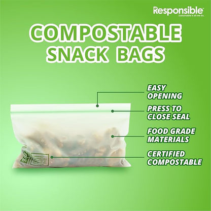 Responsible Products Certified Compostable SNACK Resealable Zip Bag, Extra Strength Food Bags, Plant-Based Freezer-Safe (40 Pack)