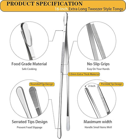 JETKONG 2 Pcs 16-Inch Kitchen Tweezers Extra Long Tweezer Tongs, Heavy Duty Stainless Steel Cooking Tweezers (Silver)
