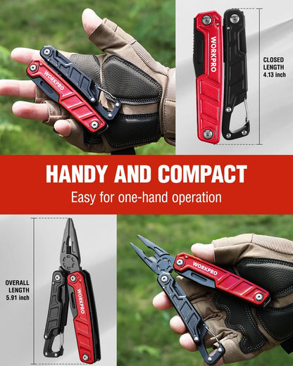 WORKPRO Multitool-11 in 1 Multitool Pliers with Pocket Clip and Sheath-EDC Multi Tool Knives with Safety Lock-Camping Tools Pocket Knife with Screwdriver Saw Blade Wire Cutter and Bottle Opener-Red
