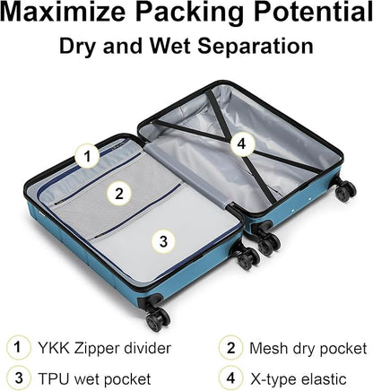 KYME Hardside Expandable Carry On Luggage 22x14x9 Airline Approved 20 Inch Hardshell Carry On Suitcase with Wheels TSA Lock Small Travel Rolling Luggage with Cup Holder for Women Men Lt Blue