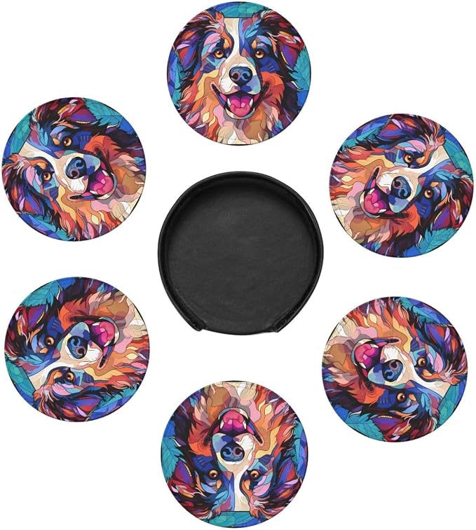 Australian Shepherd Stained Dog Breed Glass Art Leather Drinks Coasters