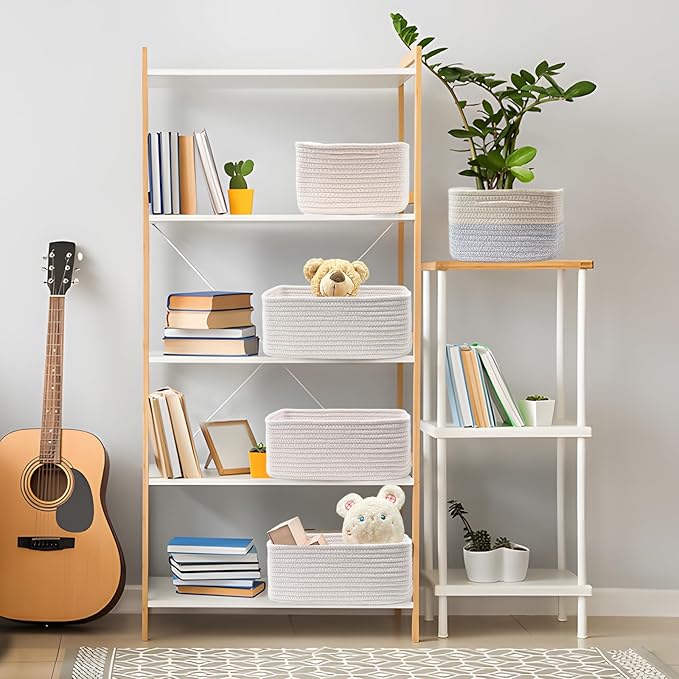 COMFY-HOMI 11.5"x7.5"x4.7" Storage Baskets for Organizing | Cotton Rope Woven Basket | Toy Storage Bin Box | Basket for Shelves, Closet Organizer Bin, Decorative Closet Shelf, 3 Pack, All white