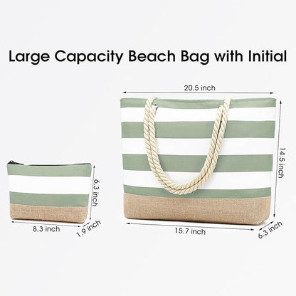 Becokan Beach Bag Initial Beach Tote with Makeup Bag for Travel Work Storage Personalized Birthday Gifts for Women Her