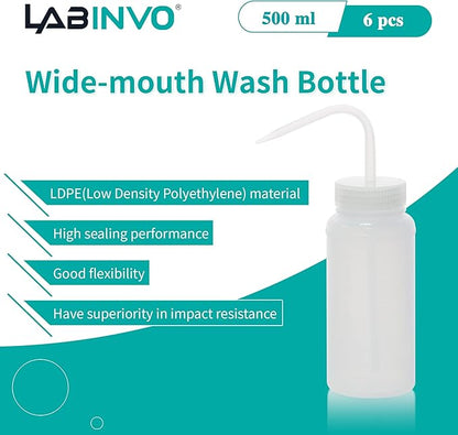 6pcs of Economy Wash Bottles, Vol.500ml (17oz), Wide-Mouth, Self-Venting Safety Wash Bottles, LDPE Material, IN-WBW500