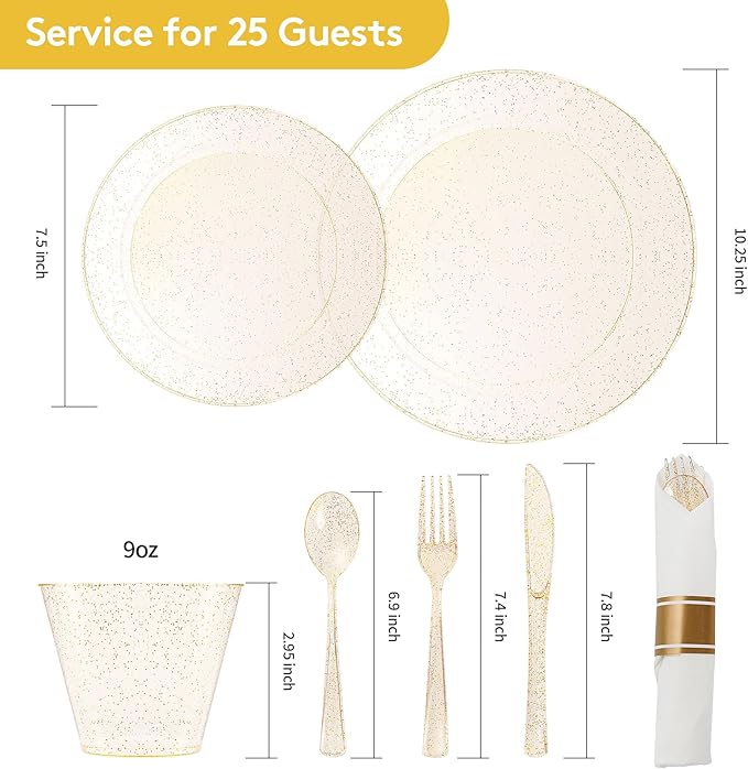 Goodluck 175 Piece Gold Glitter Plastic Dinnerware Set for 25 Guests, Fancy Disposable Plates for Party, Include: 25 Dinner Plates, 25 Dessert Plates, 25 Pre Rolled Napkins with Silverware, 25 Cups