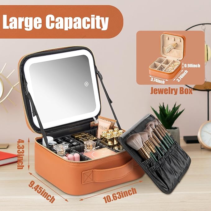 Makeup Travel Train Case with Mirror LED Light 3 Adjustable Brightness Large Cosmetic Bag Portable Storage Adjustable Partition Waterproof Makeup Brushes Make up Jewelry Gift for Women