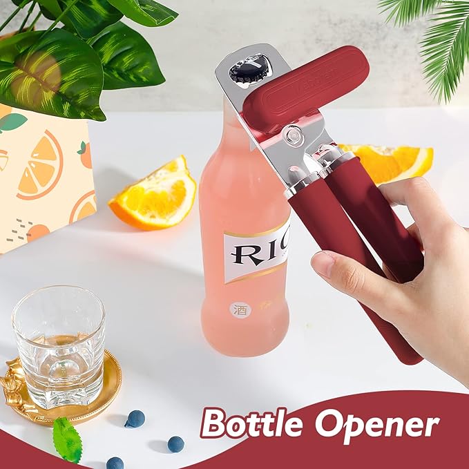 10 Colors Can Opener Manual Handheld Heavy Duty Hand Can Opener Smooth Edge Stainless Steel Can Openers Top Lid Kitchen Gadgets, Best Large Rated Easy Turn Knob, with Bottle Opener, Burgundy