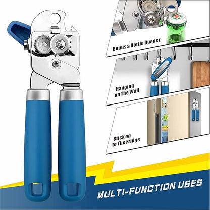 PrinChef Can Opener Manual, Can Tin Bottle Opener with Magnet - No-Trouble-Lid-Lift, Handheld Can Opener Smooth Edge with Sharp Blade, Heavy Duty and Easy to Use, for Seniors with Arthritis, Blue