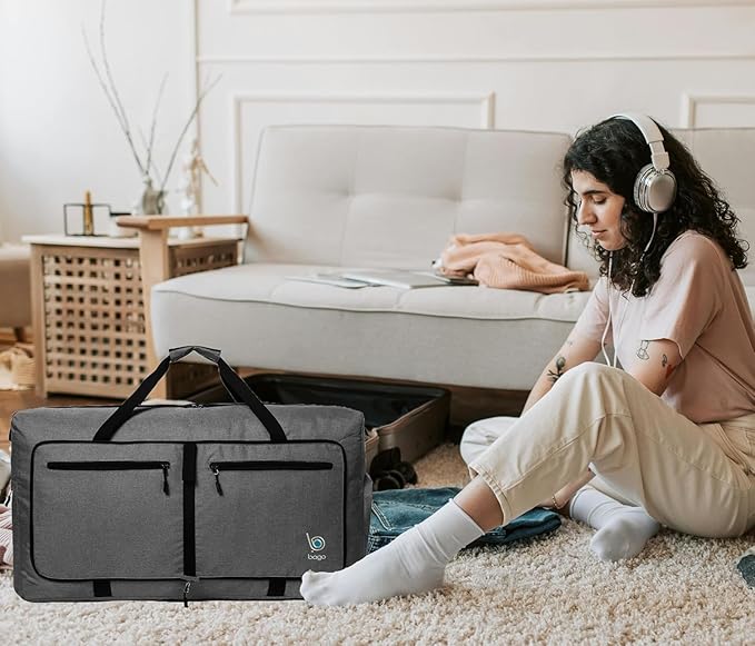 Bago Foldable Duffel Bags for Traveling Women & Men - 60L Medium Packable Duffle Bag for Travel with Shoe Compartment - Water Repellant, Heavy Duty, Lightweight Folding & Collapsible (SnowBlack)