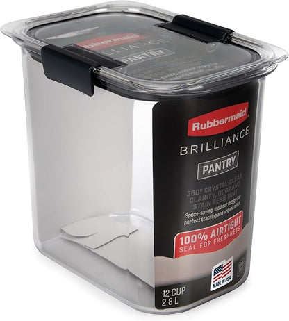 Rubbermaid Brilliance 12-Cup Airtight Food Storage Container, Perfect for Pantry Staples, Clear/Grey