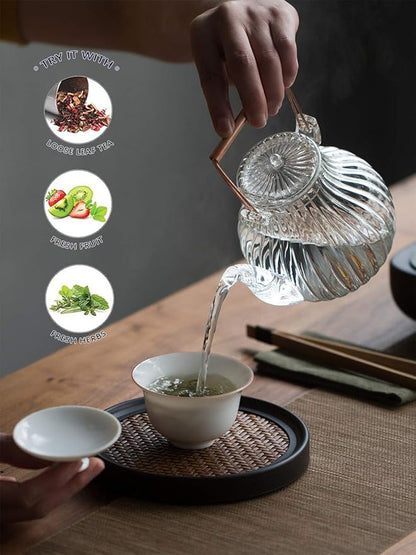IwaiLoft Stovetop Safe Glass Teapot with Removable Infuser Fine Borosilicate Tea Pot perfect for Fruit Flowering Tea Canister Premium Quality Tea Kettle Gift IW-G086 (25OZ, LINE)