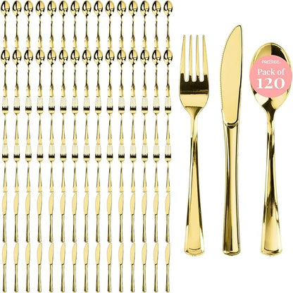 Prestee 120 Gold Plastic Cutlery Set - 40 Forks, 40 Spoons, 40 Knives - Heavy Duty Disposable Flatware