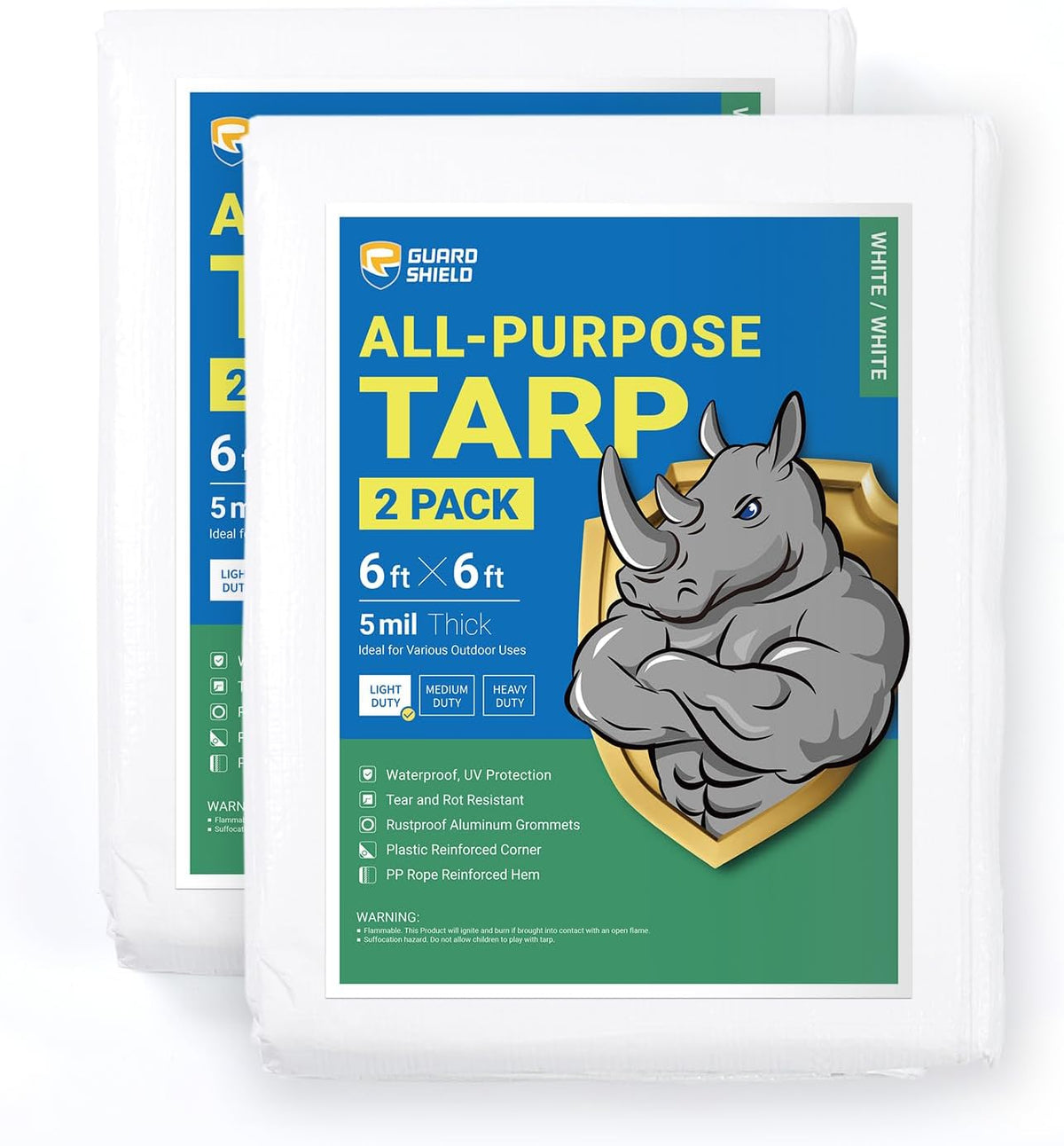 GUARD SHIELD Tarp White 6x6 Feet Multi Purpose Waterproof Poly Tarp Cover 5mil (2-Pack)