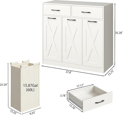Laundry Hamper Cabinet with Pull-Out Bags, 2 Drawers & Top Shelf, Hidden Laundry Basket Storage, 3 x 15.87 Gallons, Laundry Storage Cabinet for Laundry Room, Bedroom White YL01XLW