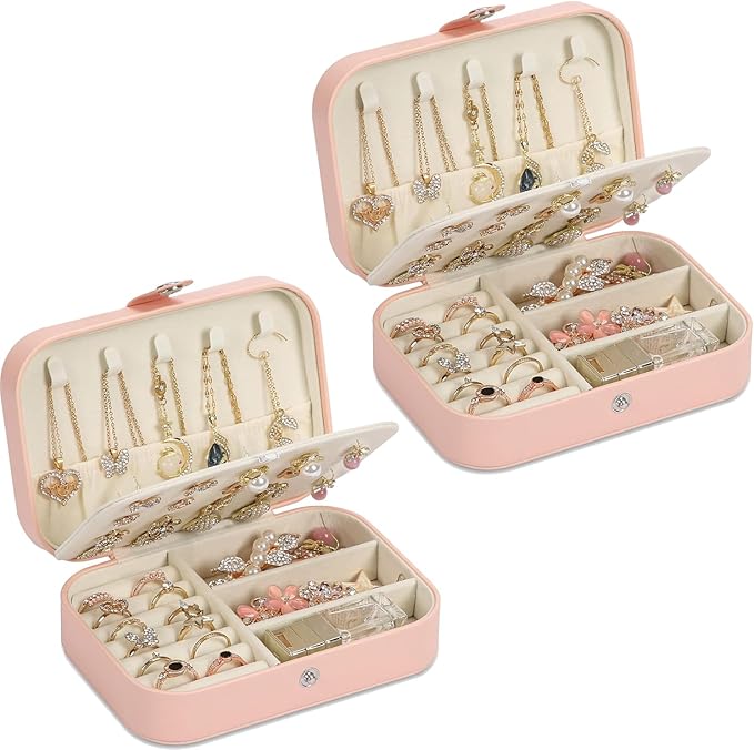 Travel Jewelry Box, PU leather Small Jewelry Organizer For Female Girls, double layer portable mini travel case for storing earrings, rings, necklaces.(pink 2pcs)