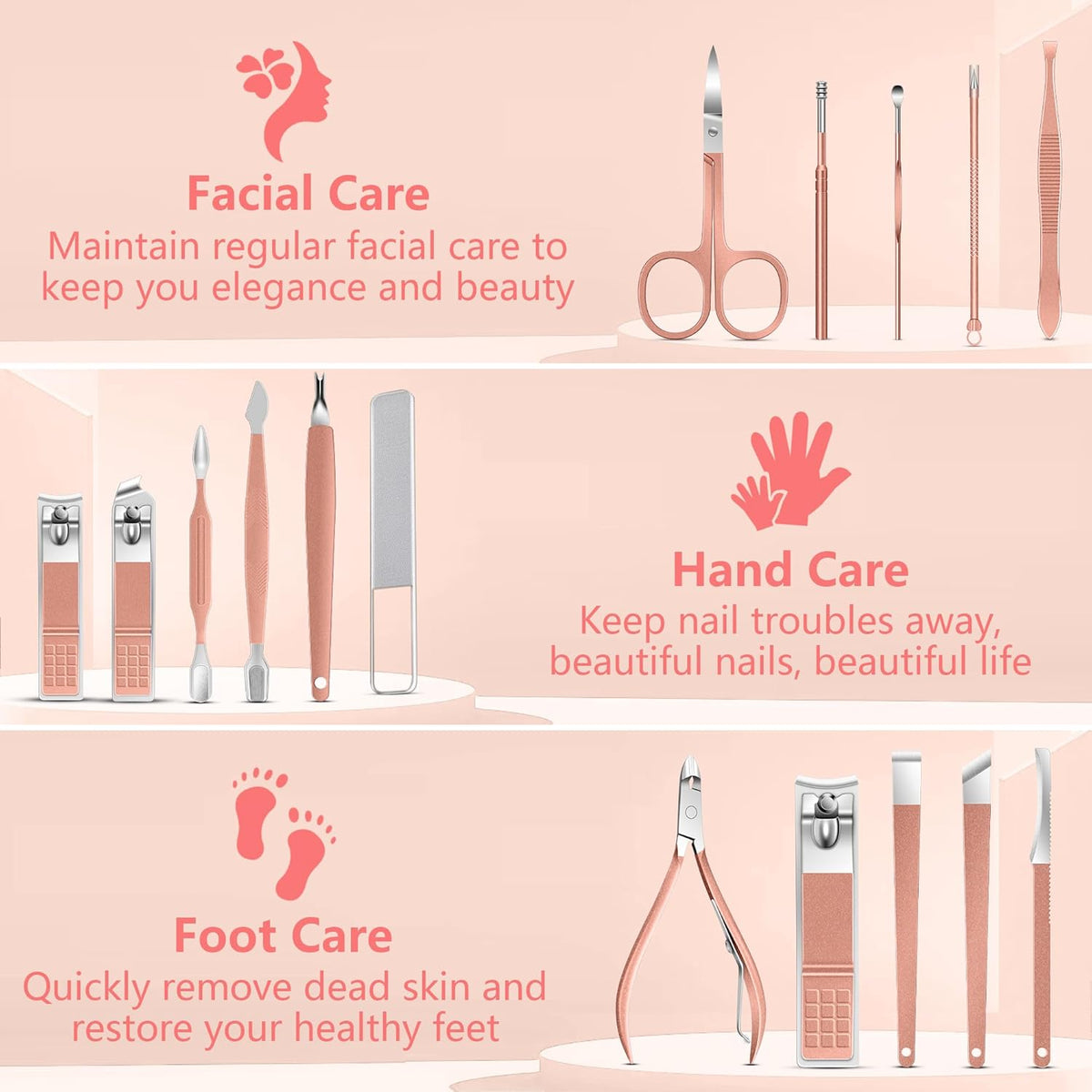 Manicure Set 16Pcs Professional Stainless Steel Pedicure Kit Mens Grooming Kit Fingernail & Toenail Clippers Set Manicure Kit with Luxurious Travel Bag, Sharp Nail Scissors and Clipper (Pink)