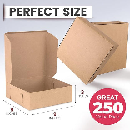 Fit Meal Prep 250 Pack Kraft Bakery Boxes - Brown Cardboard Pie & Dessert Boxes, 9x9x3 inches, for Cupcakes, Chocolates & Donuts