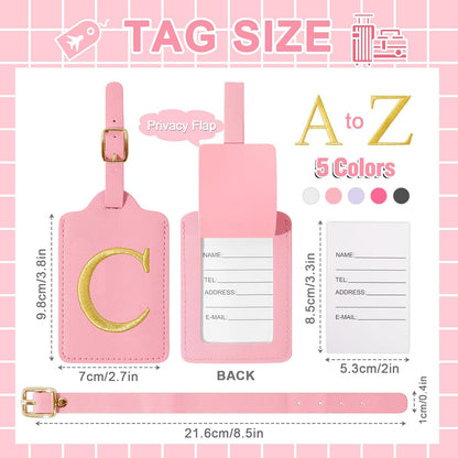 Personalized Initial Luggage Tags for Suitcase, Pink Leather Cute Luggage Tags with Privacy Cover Name Card, Embroidered Custom Monogrammed Luggage Tag Travel Bag Baggage Tags Gifts for Women Kids(C)