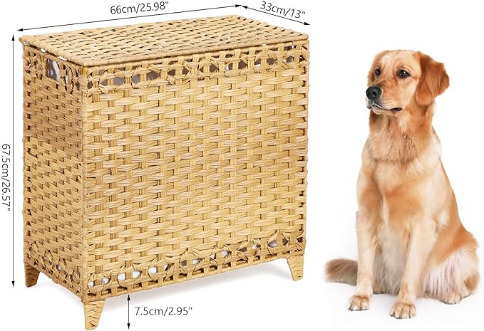 Laundry Hamper with 3 Removable Liner Bags; 132L Handwoven Rattan Laundry Basket with Lid & Heightened Feet; Clothes Hamper with Side Handles; Laundry Sorter with 3 Separate Sections (Natural)