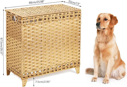 Laundry Hamper with 3 Removable Liner Bags; 132L Handwoven Rattan Laundry Basket with Lid & Heightened Feet; Clothes Hamper with Side Handles; Laundry Sorter with 3 Separate Sections (Natural)