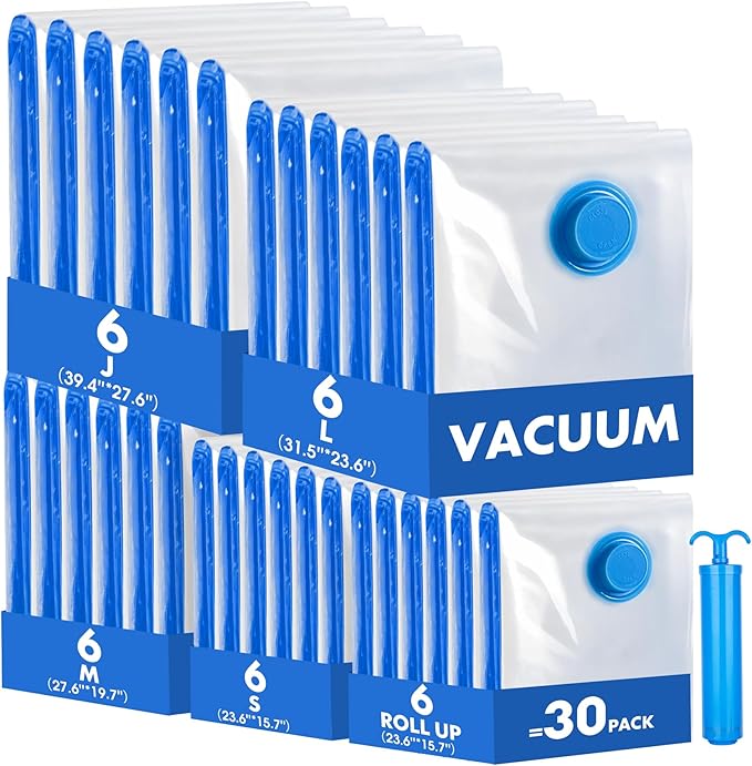 30 Pack Vacuum Storage Bags with Electric Pump, Compression Space Saver Vacuum Seal Bags 6 Jumbo/6 Large/6 Medium/6 Small/6 Roll Up Bags for Clothing Travel Comforters Blankets Pillows Bedding Duvets
