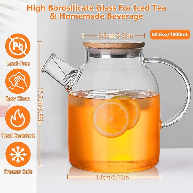 Glass Tea Pot Kettles Stovetop Safe, 60.8oz/1800mL Heatproof Borosilicate Glass Teapot Water Pitcher With Bamboo Lid and Removable Filter Spout for Loose Leaf and Blooming Tea