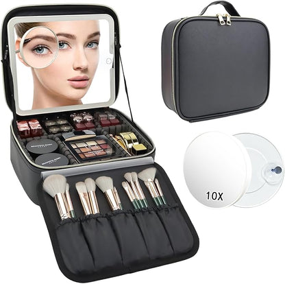 Travel Makeup Bag with LED Mirror and 10x magnifying glass with 3 Lighted Settings, Adjustable Dividers and Makeup Brush Storage Bag Black