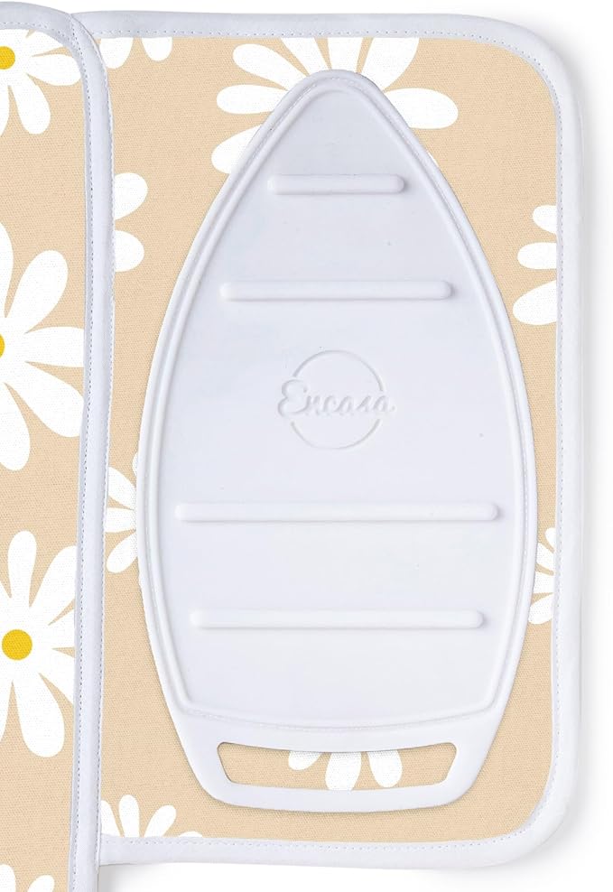 Encasa XO Ironing Mat/Pad (Small 28"x20") with 3mm Padding & Silicone Iron Rest for Steam Pressing on Tabletop or Bed - Heat Resistant, Portable, Quilting & Travel Blanket - Daisy Beige