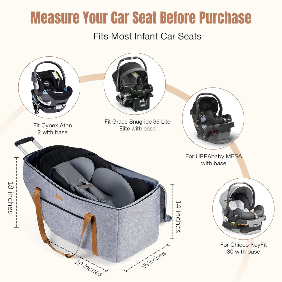 Infant Car Seat Travel Bag with Wheels Fits Chicco KeyFit 30,Nuna Pipa, UPPAbaby MESA,Padded Car Seat Bags for Airplane, Gate Check Bag with Side Pocket,Removable Cover for Air Travel, Grey