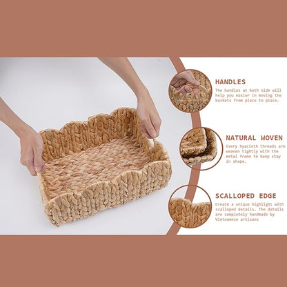Set of 2 Scalloped Edge Wicker Storage Basket with Built-in Handles, Rectangle Water Hyacinth Basket for Organizing, Decorative Woven Rattan Basket for Shelf, Nursery Room