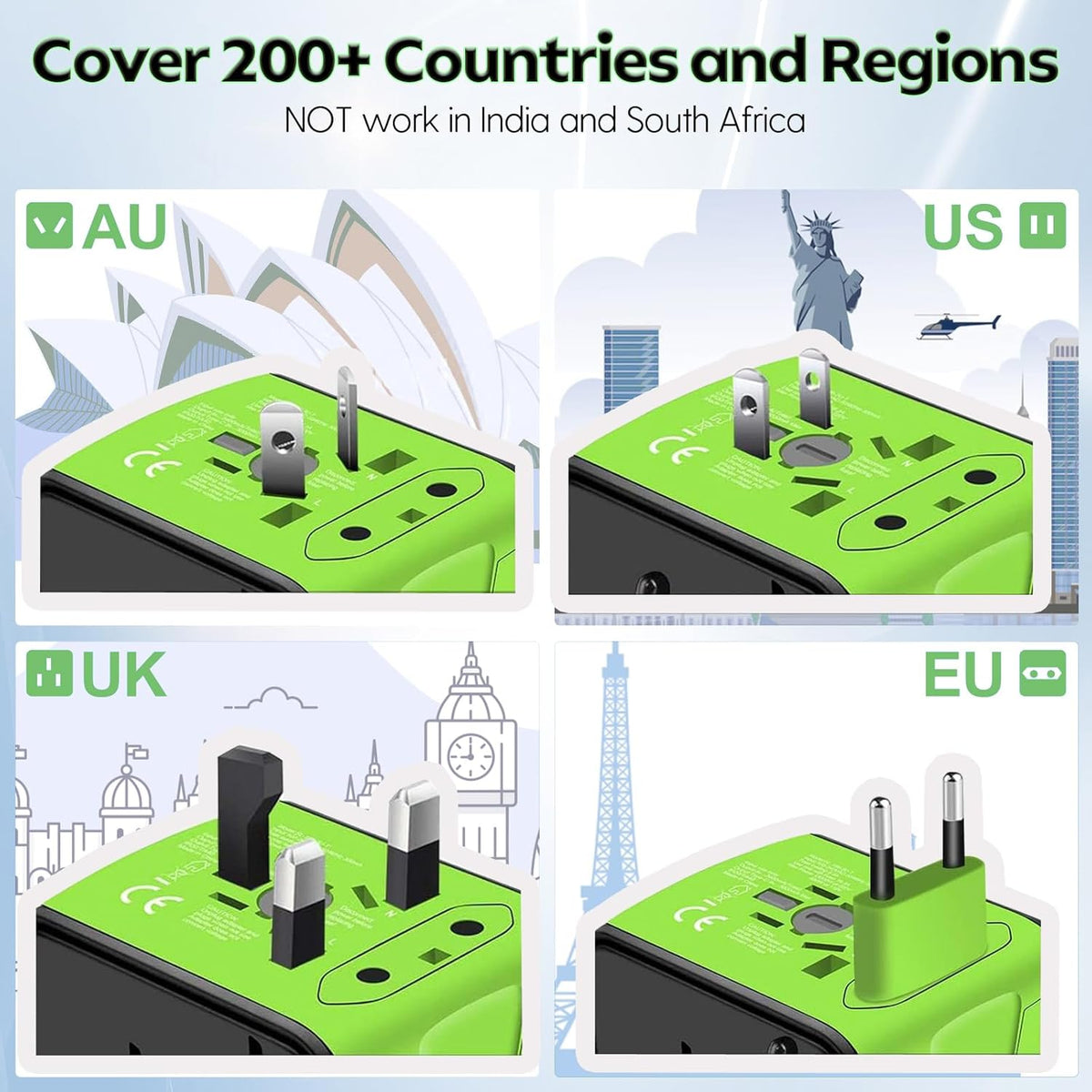 JMFONE International Travel Adapter 2 USB-C & 2 USB-A Ports and Multi AC Sockets,Universal Power Adapter Worldwide All in One High Speed 2.4A Perfect for 200+ Countries (Green)