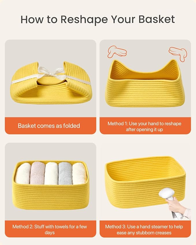Small Woven Basket, 13.5 x 9.5 x 5 Inches, Storage Basket for Organizing, Cute Small Rope Shelf Closet Cube Storage Bins Baskets for Shelves, Dog Toy Gift Baskets Empty, 3 Pack Yellow