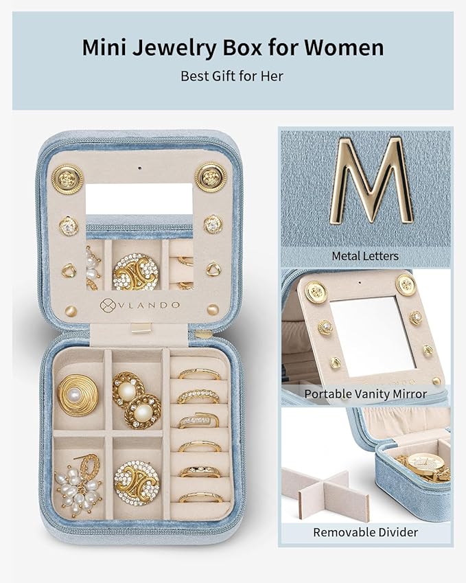 Vlando Mother's Day Gift for Women Girls, L Initial Travel Jewelry Case, Small Jewelry Travel Case, Personalized Travel Mini Jewelry Case, Birthday Gifts for Women Mom Grandma - Letter M, Blue