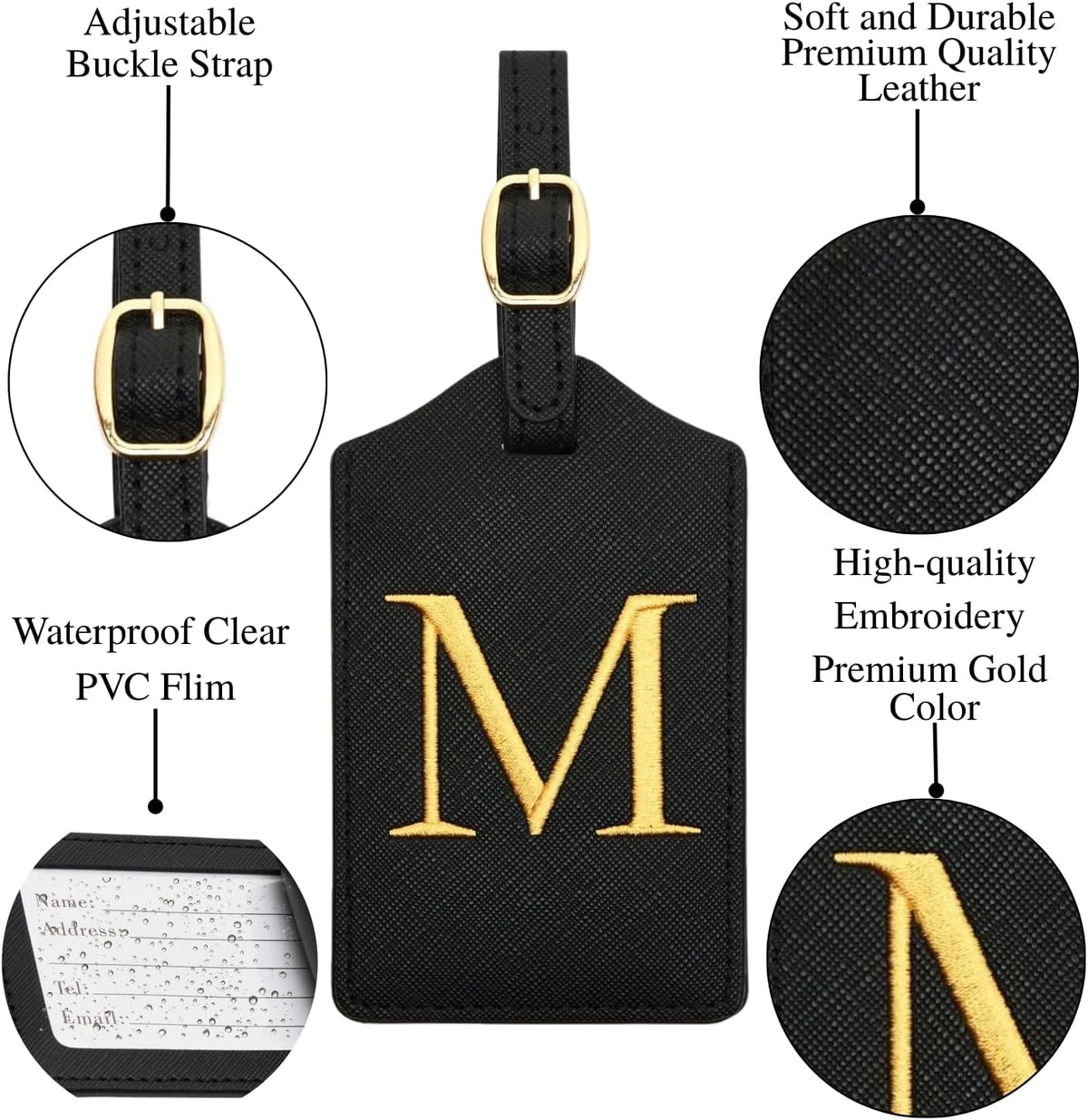 Luggage Tag PU Leather for Suitcase Baggage Handbag Travel Bag Label Suitcase Tag Label Tag w. Name Card & Privacy Cover (M)
