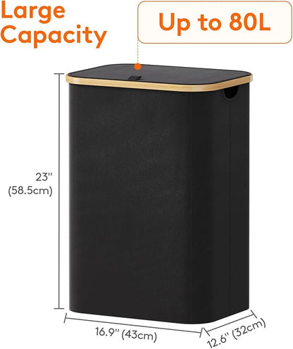 Lifewit 80L Laundry Basket with Lid, Clothes Hampers with Bamboo Handles and A Removable Laundry Bag, Large Foldable Hamper for Bedroom, Bathroom, Dorm, LaundryRoom, Black