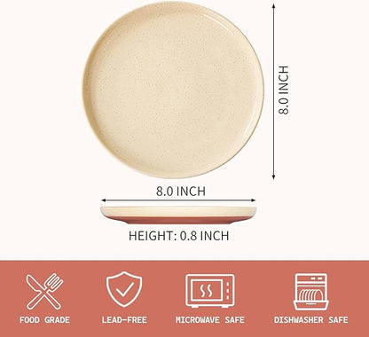 GZG Ceramic Dinner Salad Plates Set of 4, 8 Inch Speckled Dinnerware Dessert Plates with Clay-Tone Base, Microwave Oven Dishwasher Safe