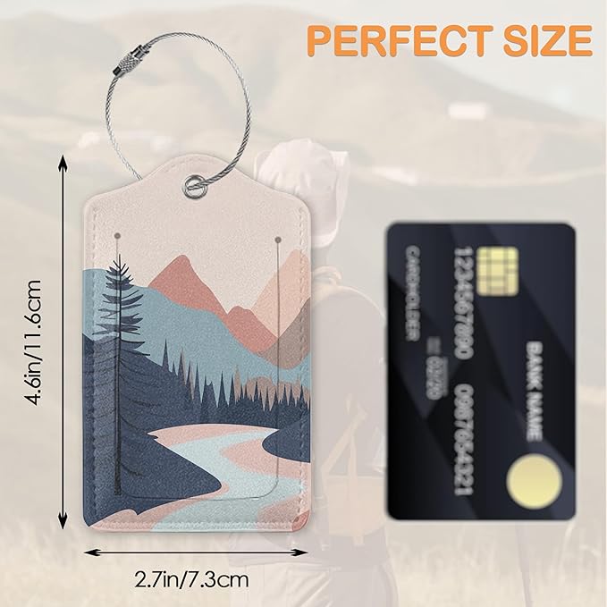 Mystic Wolf Sunset 3 Pack Luggage Tags for Suitcases, Minimalist Mountain River PU Leather Luggage Tag for Travel, Bag Tags with Privacy Name ID Card and Steel Loop for Women Men