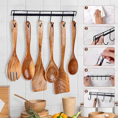 6x Wooden Spoons for Cooking Kitchen Utensil Set Smooth Finish Wooden Cooking Utensils Spoons Filter Spoon and Salad Fork Accessories+1x Kitchen Hooks for Hanging Utensils Rack