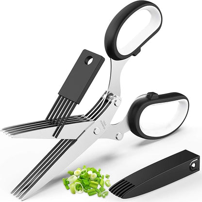 Herb Scissors Set - Updated 2025 Cool Kitchen Gadgets for Cutting Fresh Garden Herbs - Herb Cutter Shears with 5 Blades and Cover, Sharp and Anti-rust Stainless Steel, Dishwasher Safe (Black-White)